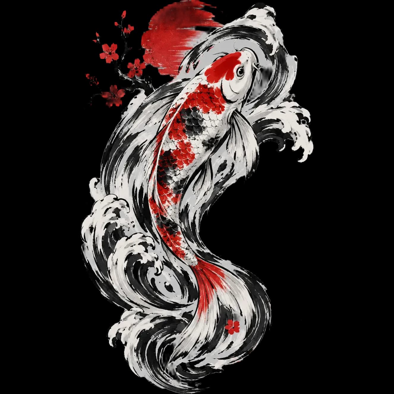 Japanese ink T-shirt design of a koi fish swimming through swirling water beneath a red sun