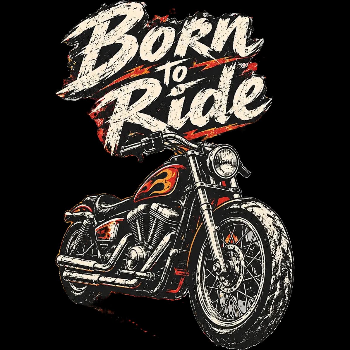 Grunge T-shirt design of a vintage motorcycle with the words “Born to Ride”