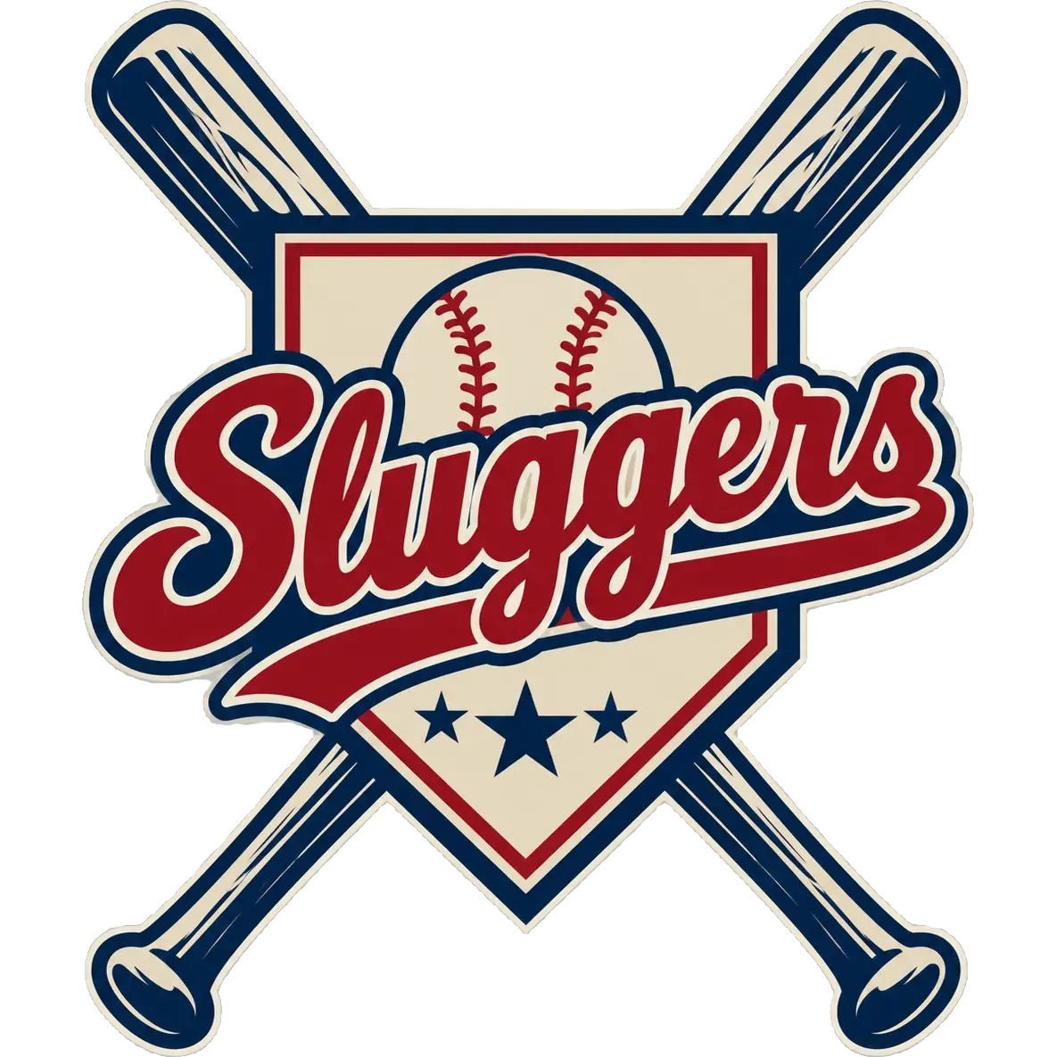 Retro sports T-shirt design of crossed baseball bats behind home plate with the word “Sluggers”