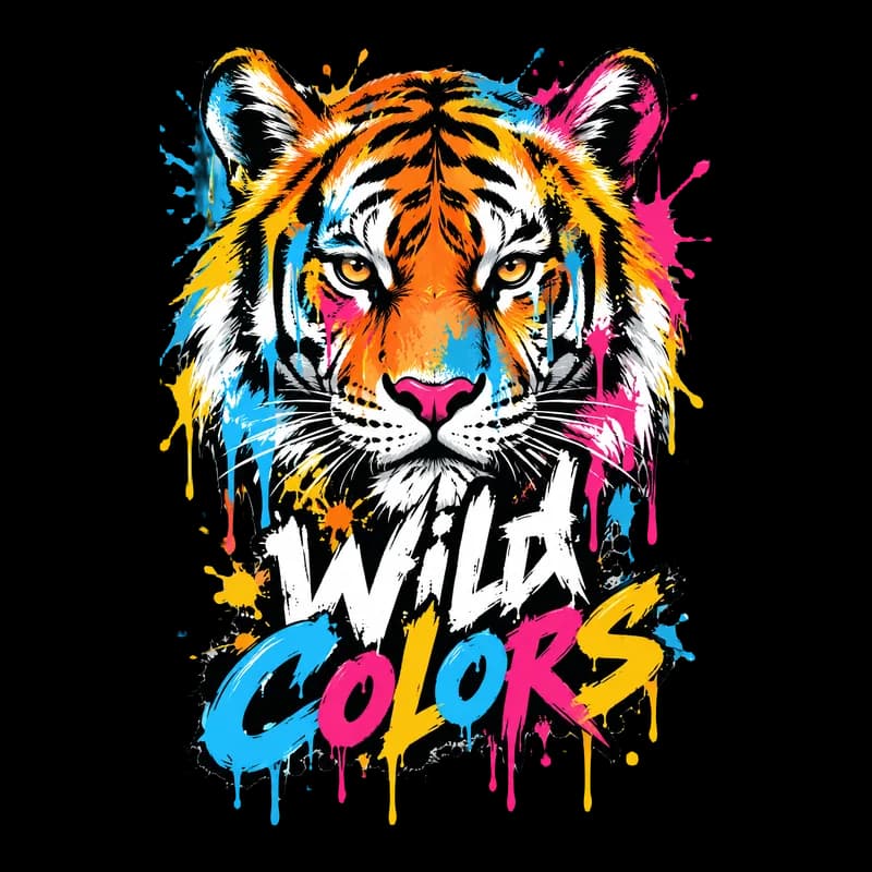 Streetwear T-shirt design of a colorful paint-splash tiger face with the words “Wild Colors”