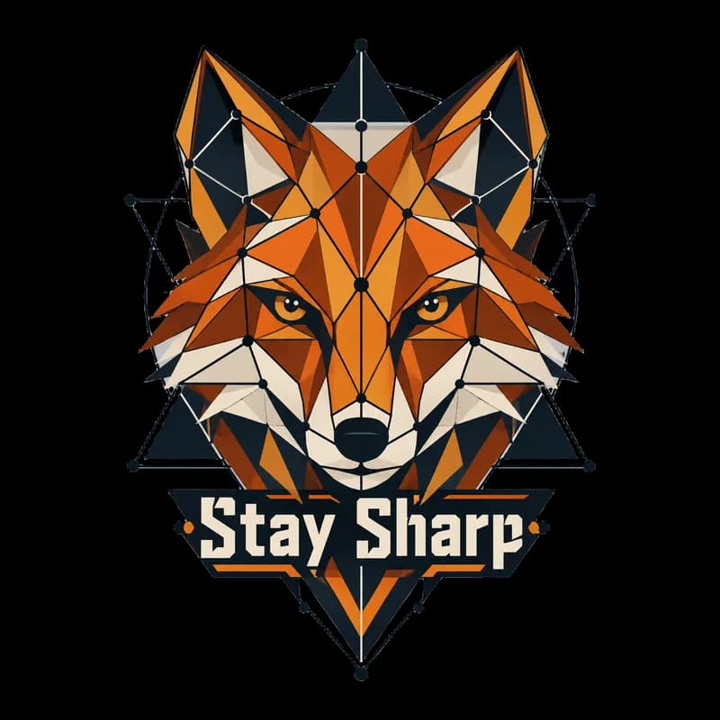 Geometric T-shirt design of an orange fox face built from triangles, with the words “Stay Sharp”