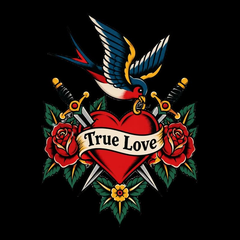Traditional tattoo T-shirt design of a swallow carrying a heart with roses and daggers, with the words “True Love”