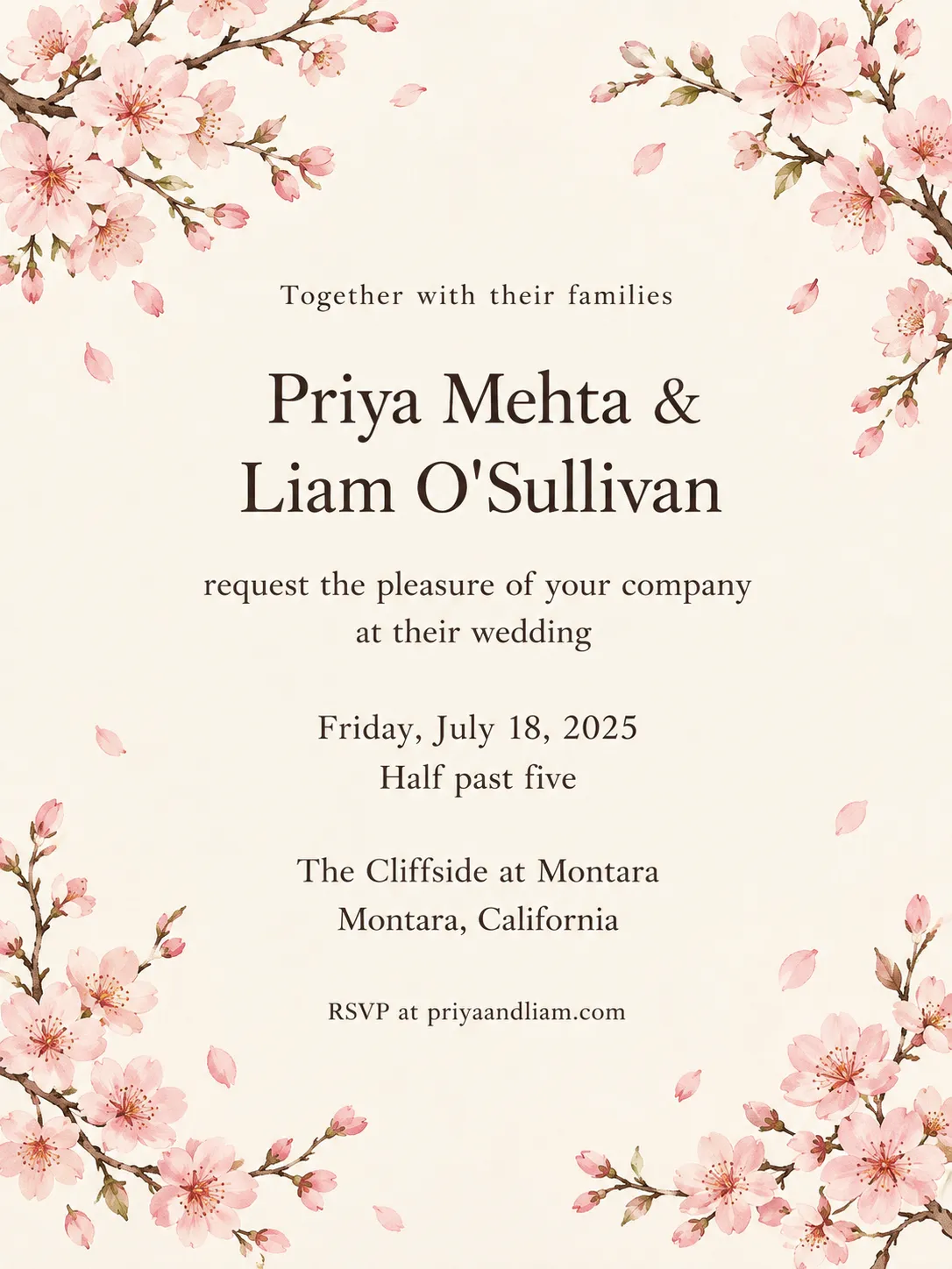 Cherry blossom wedding invitation with pink blossom branches on white for Priya Mehta and Liam O'Sullivan